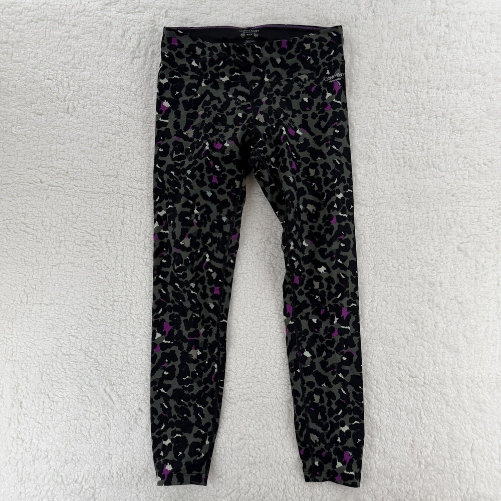 Calvin Klein Performance Womens Small Leopard Print Ruched Ankle Leggings‎ Black